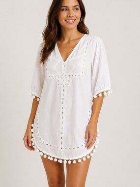 Solitaire Swim Cover Up Medium White Pom Pom Tunic Boho Beach Resort Pool Kaftan